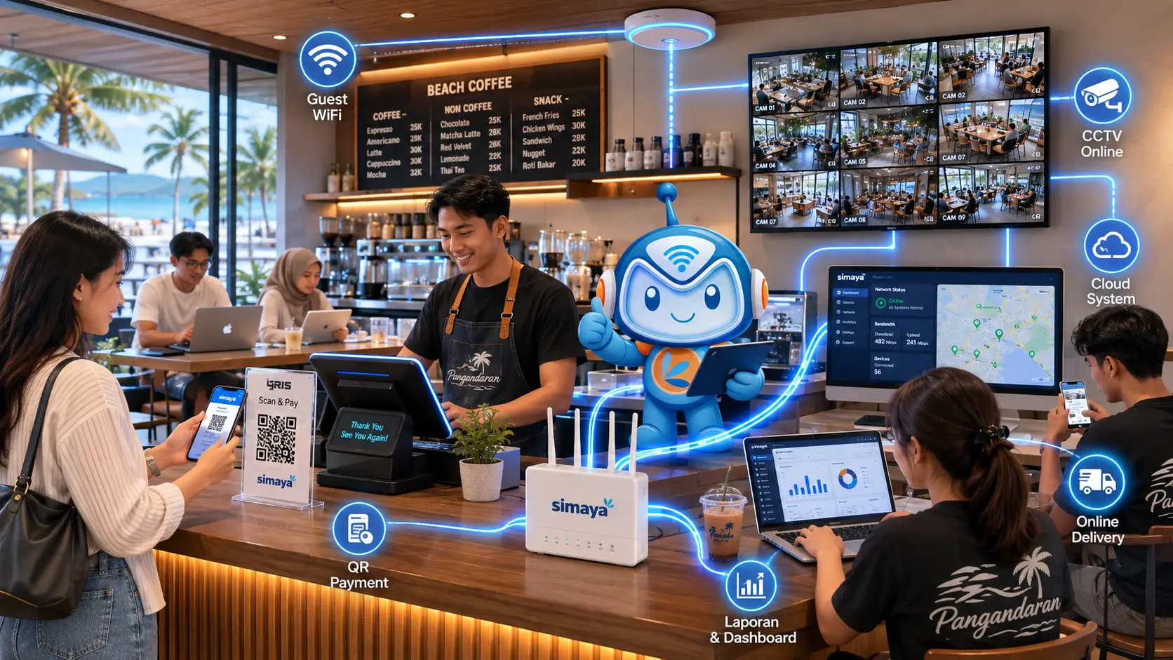 Internet Simaya mendukung kasir digital, CCTV, dan operasional cafe Pangandaran.