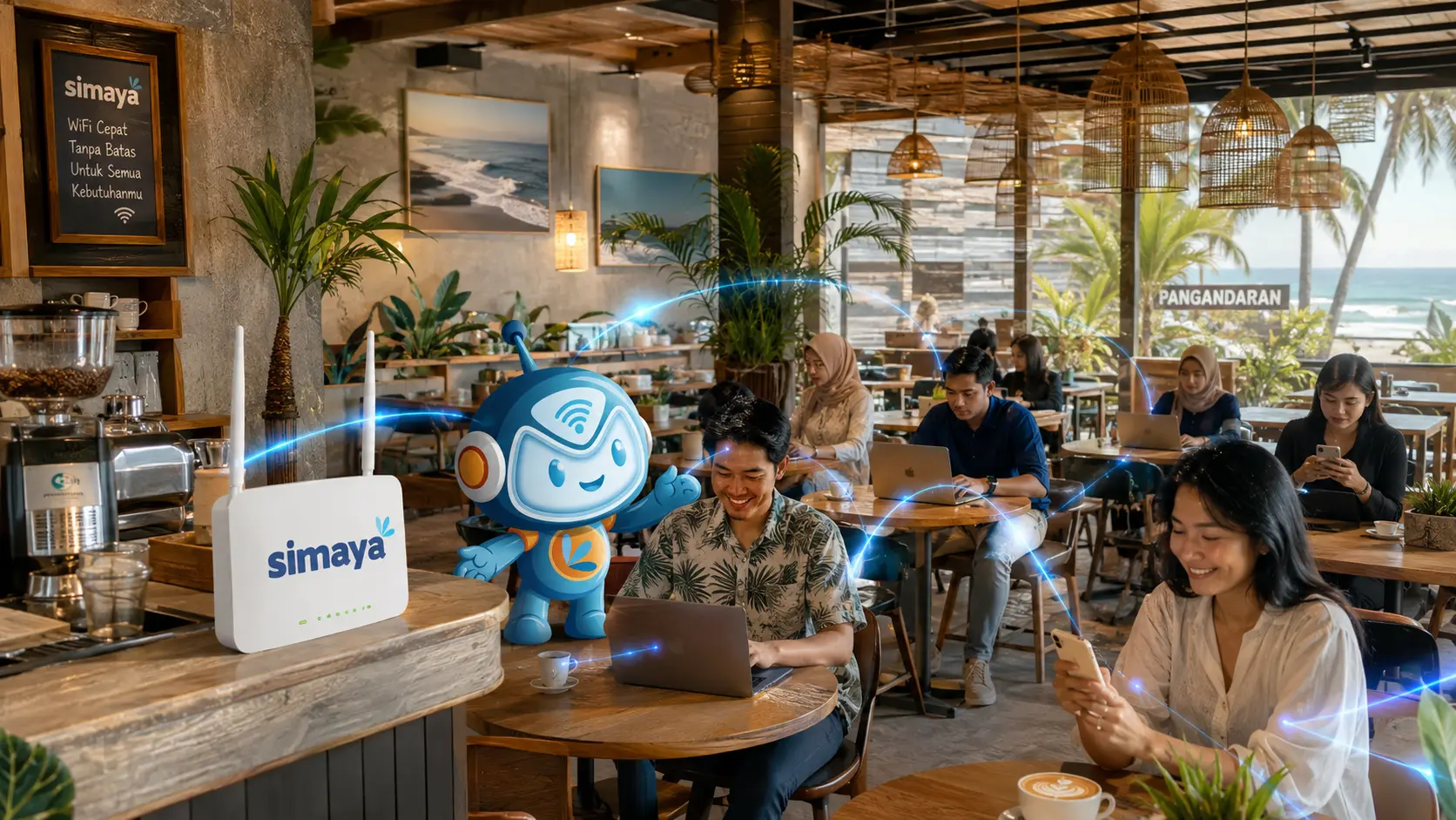 Pelanggan cafe di Pangandaran menikmati WiFi cepat bersama Simaya.
