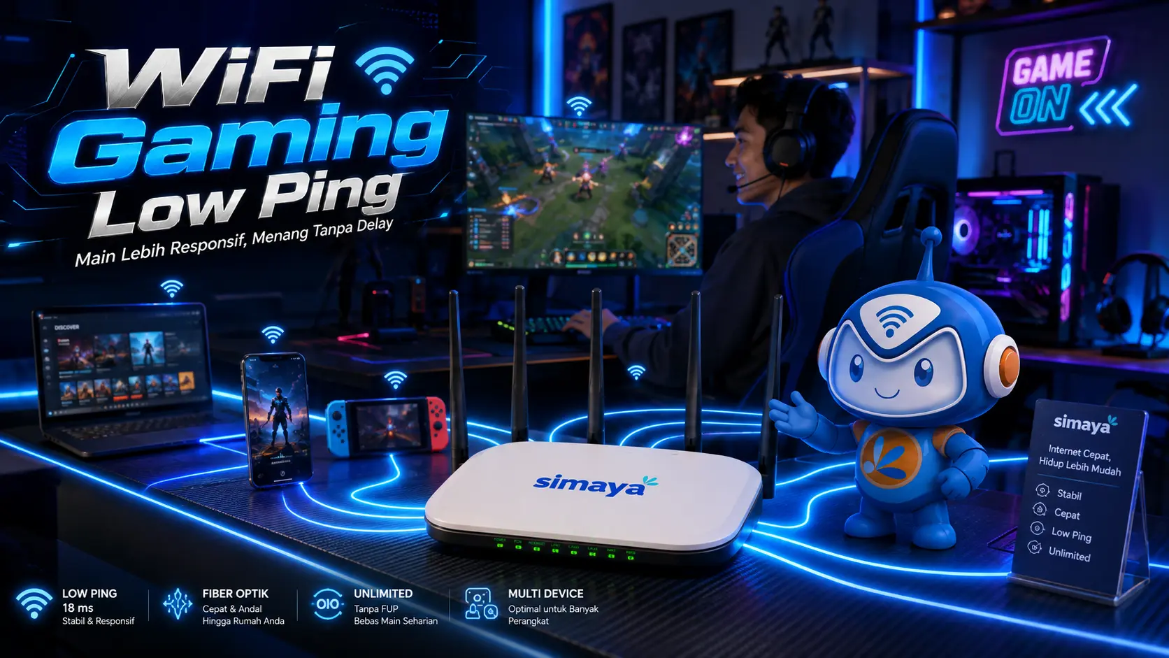 Router Simaya menghadirkan WiFi gaming cepat, stabil, dan low ping.