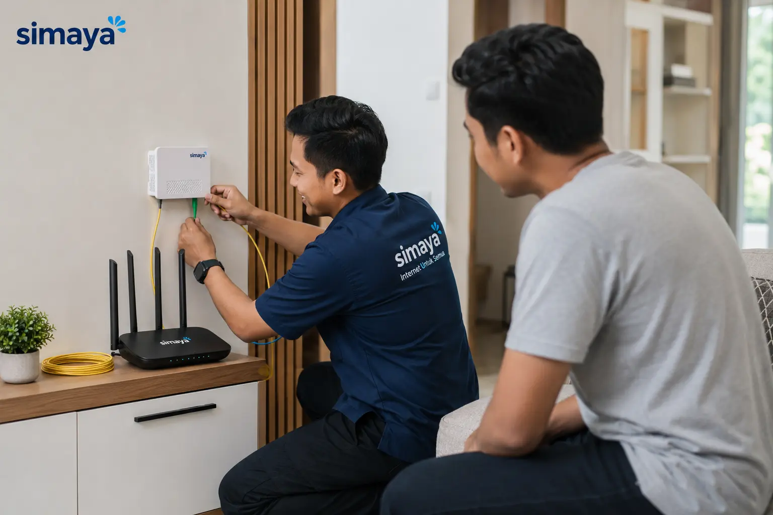 Teknisi Simaya memasang WiFi Fiber Optic di rumah pelanggan Cicaheum Bandung