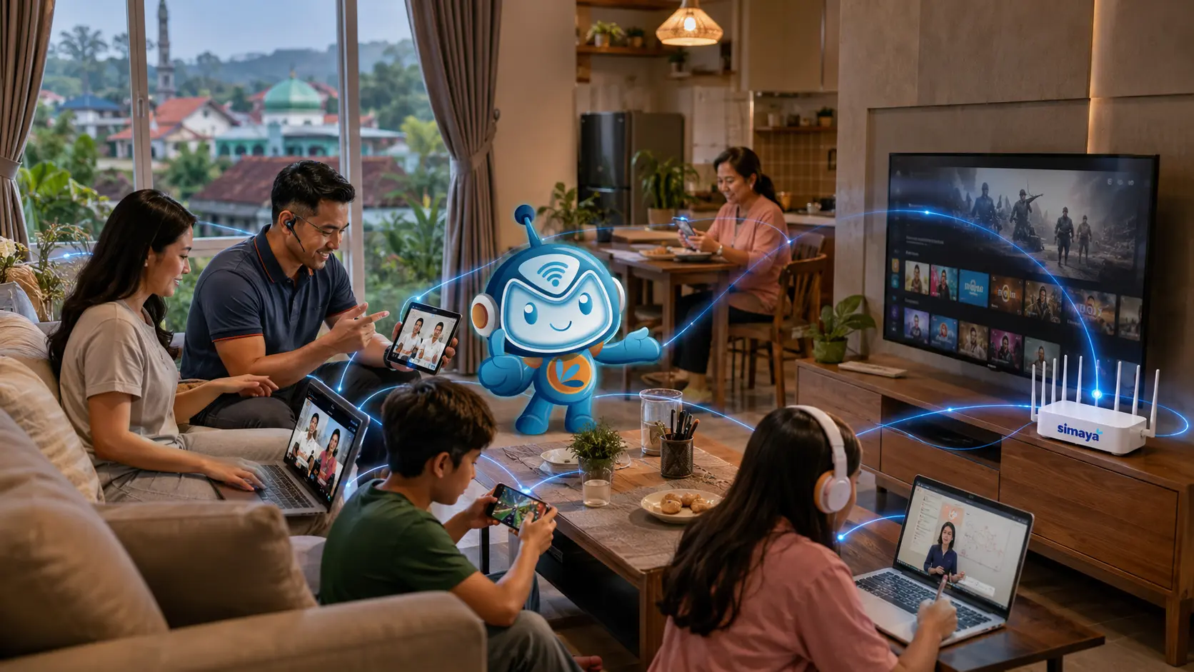 Keluarga di Subang menggunakan WiFi fiber Simaya untuk berbagai aktivitas digital.