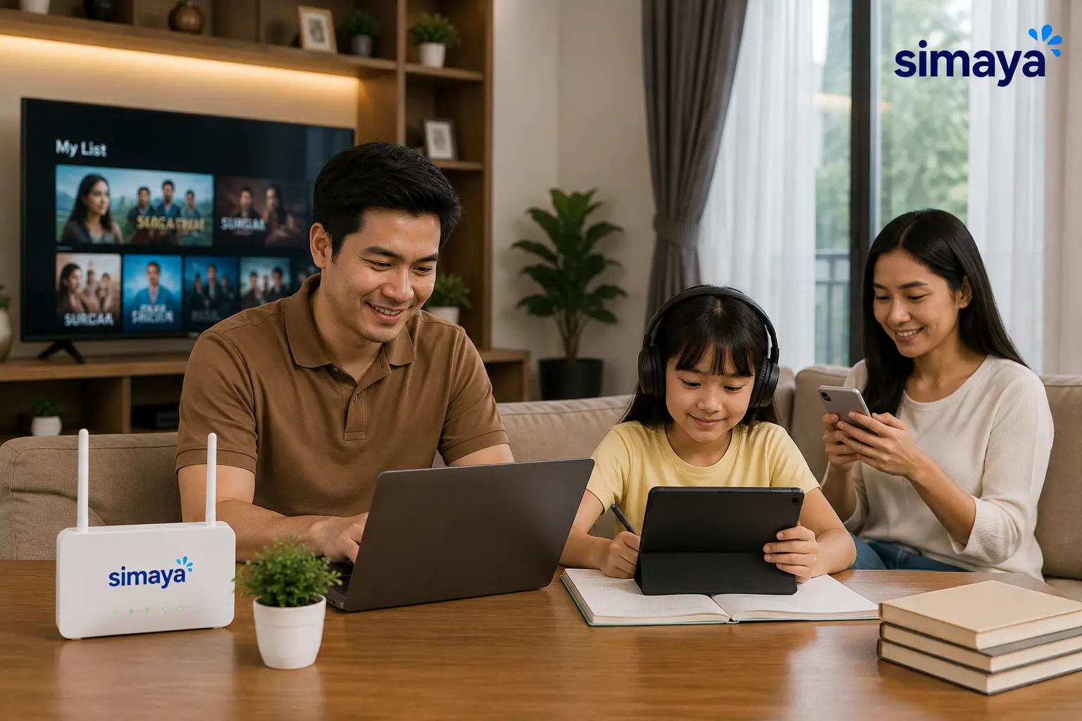 Keluarga menggunakan WiFi rumah di Subang