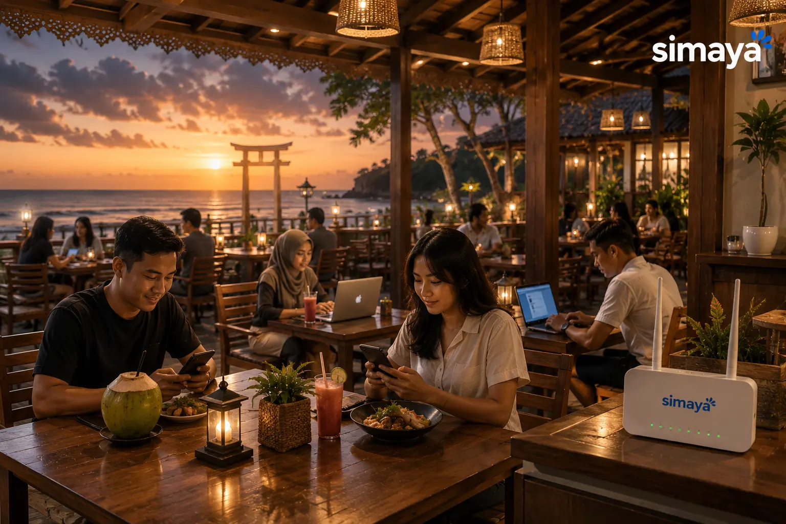 Pelanggan menggunakan WiFi restoran Pangandaran dengan koneksi Simaya