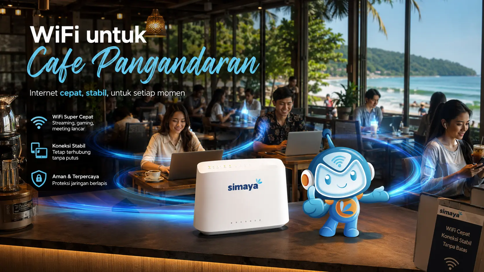 WiFi untuk cafe Pangandaran menggunakan internet fiber optik Simaya.