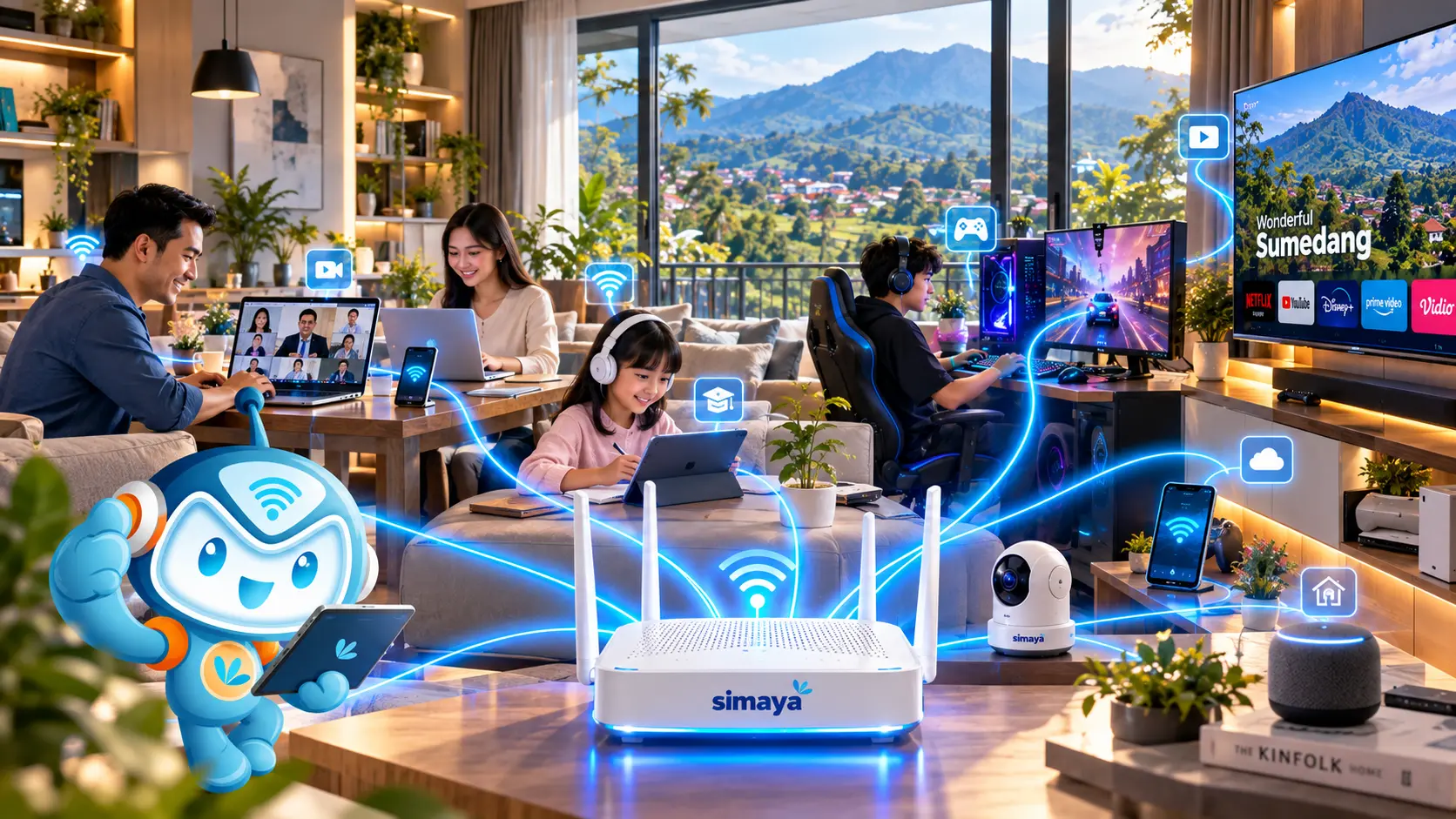 Keluarga menggunakan internet broadband untuk berbagai aktivitas digital di Sumedang.