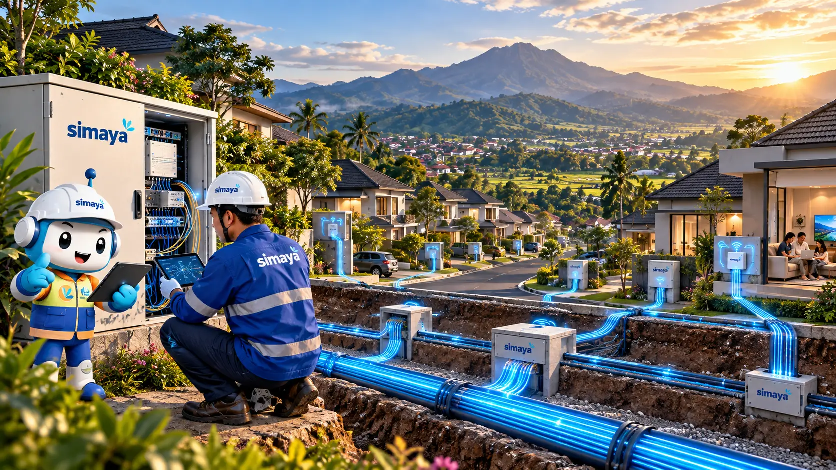 Jaringan fiber optik broadband Simaya menghubungkan rumah di Sumedang.