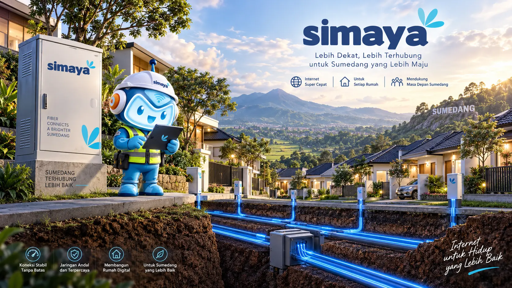 Jaringan fiber optik Simaya untuk internet rumah di Sumedang.