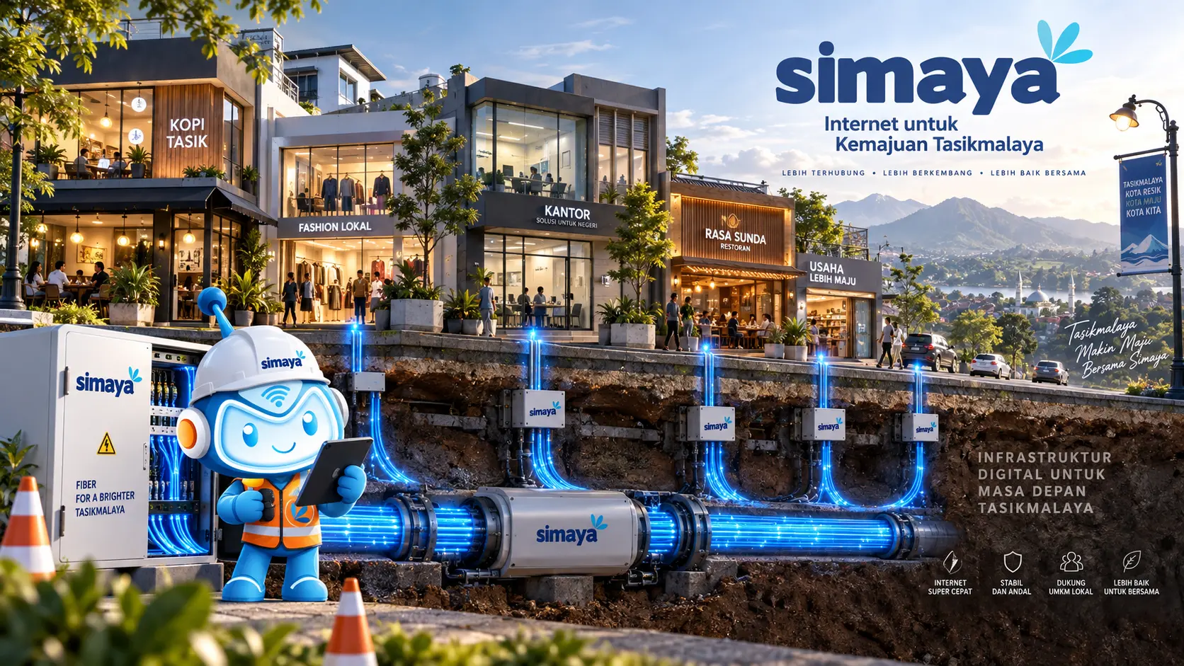 Jaringan fiber optik Simaya menyediakan koneksi internet untuk usaha di Tasikmalaya.
