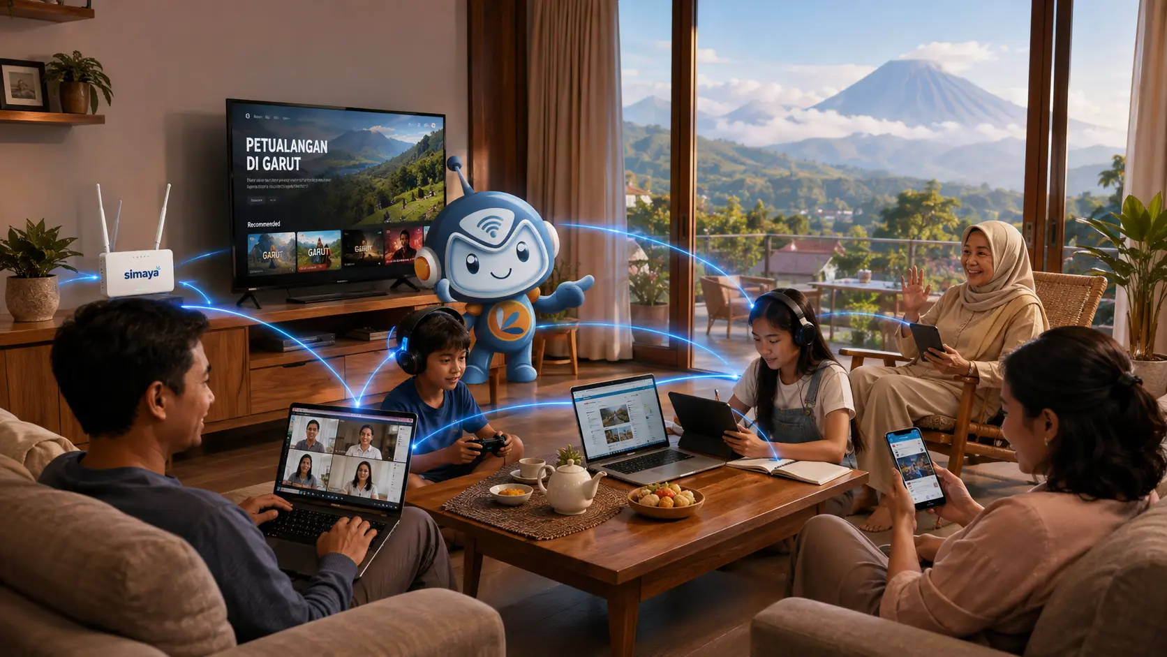 Keluarga di Garut menggunakan internet Simaya untuk kerja, belajar, streaming, dan gaming.