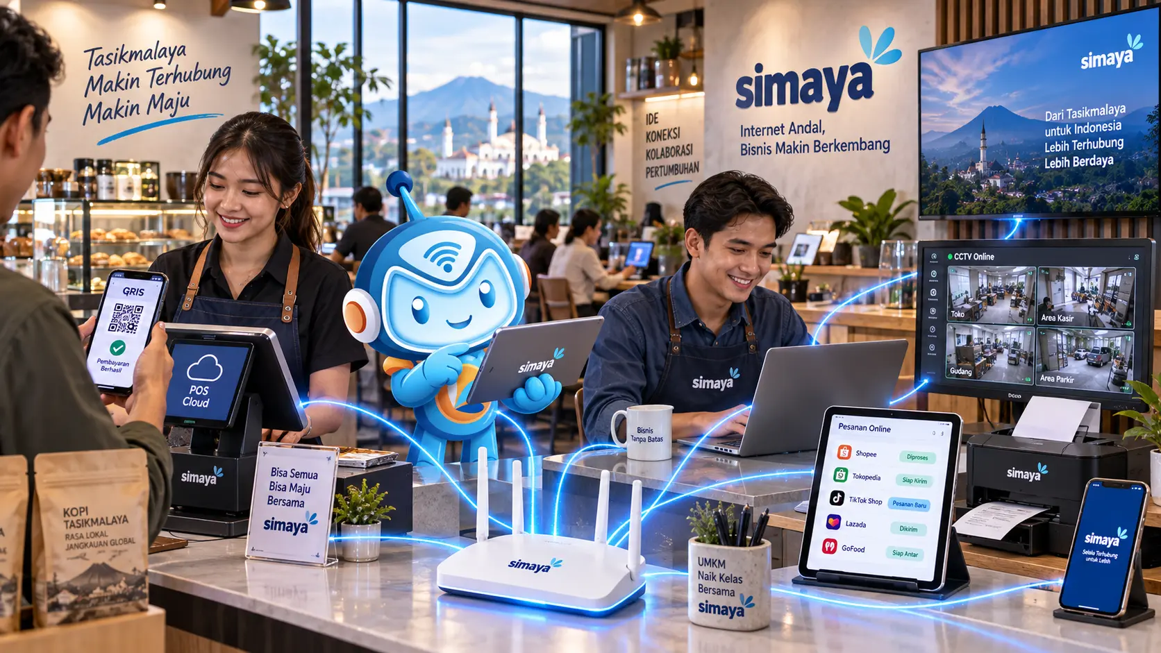 Internet Simaya mendukung POS, QR payment, CCTV, cloud, dan operasional usaha di Tasikmalaya.