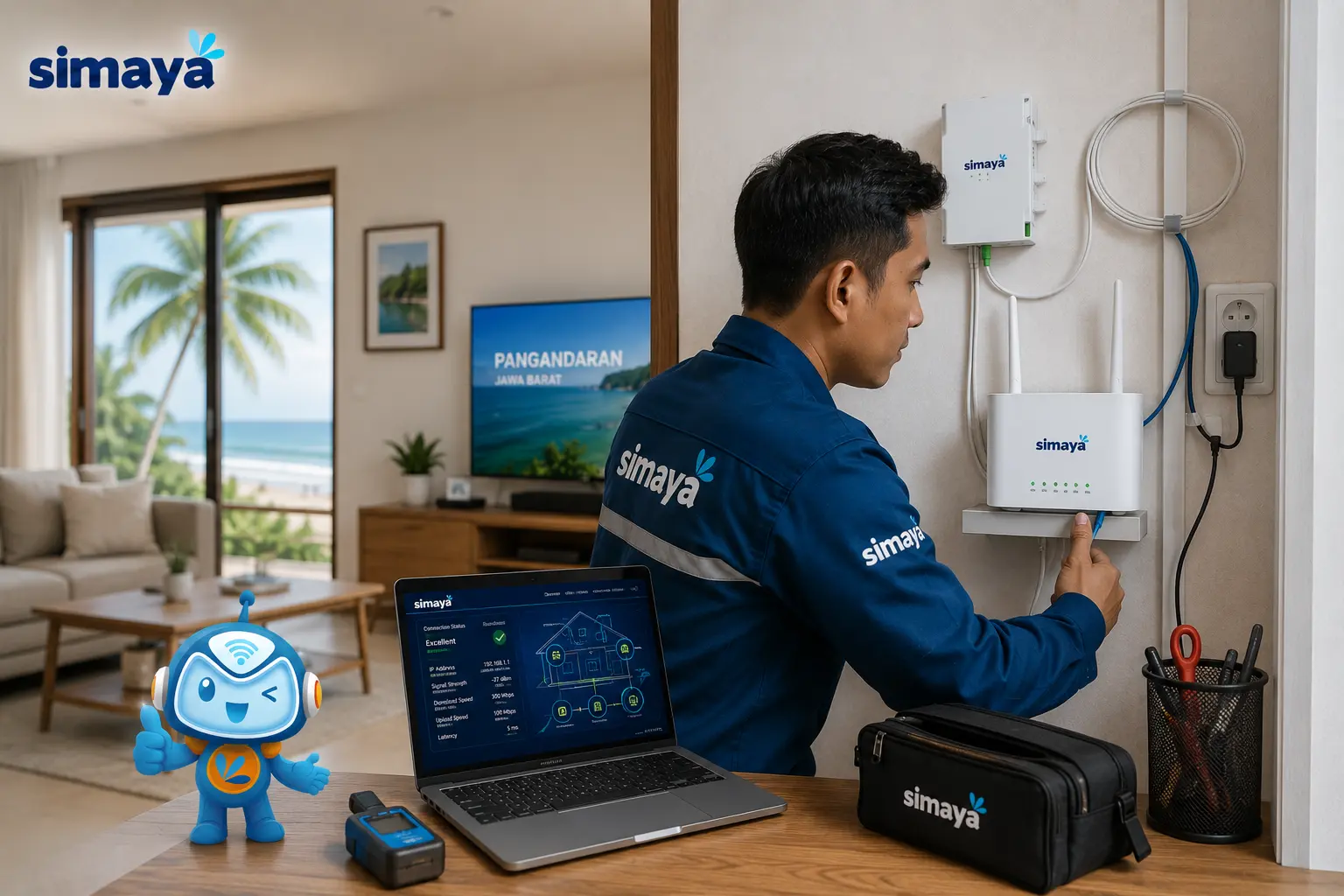 Teknisi Simaya melakukan pengecekan jaringan fiber optic Pangandaran