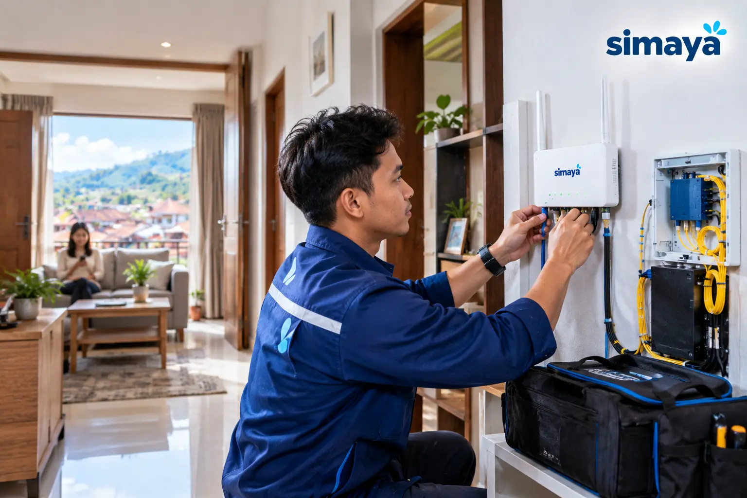 Teknisi memasang WiFi fiber optik di Tanjungsari