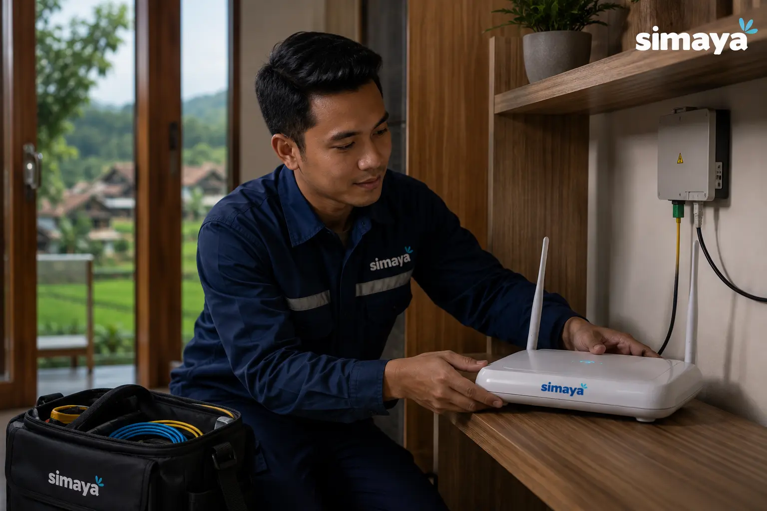 Teknisi Simaya memasang WiFi di rumah pelanggan Salawu