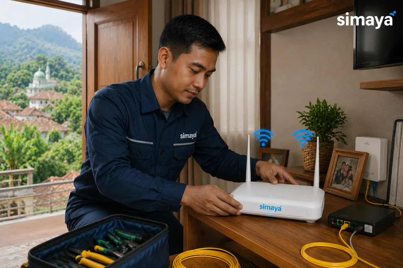 Teknisi Simaya memasang WiFi di Samarang Garut