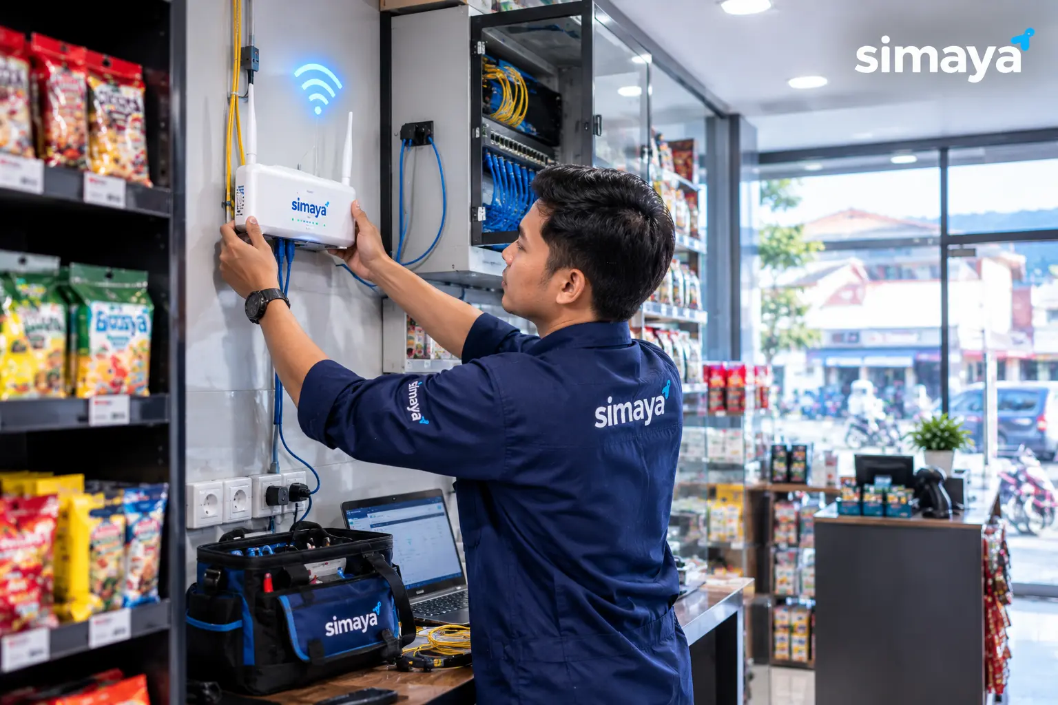Teknisi Simaya memasang internet toko Garut