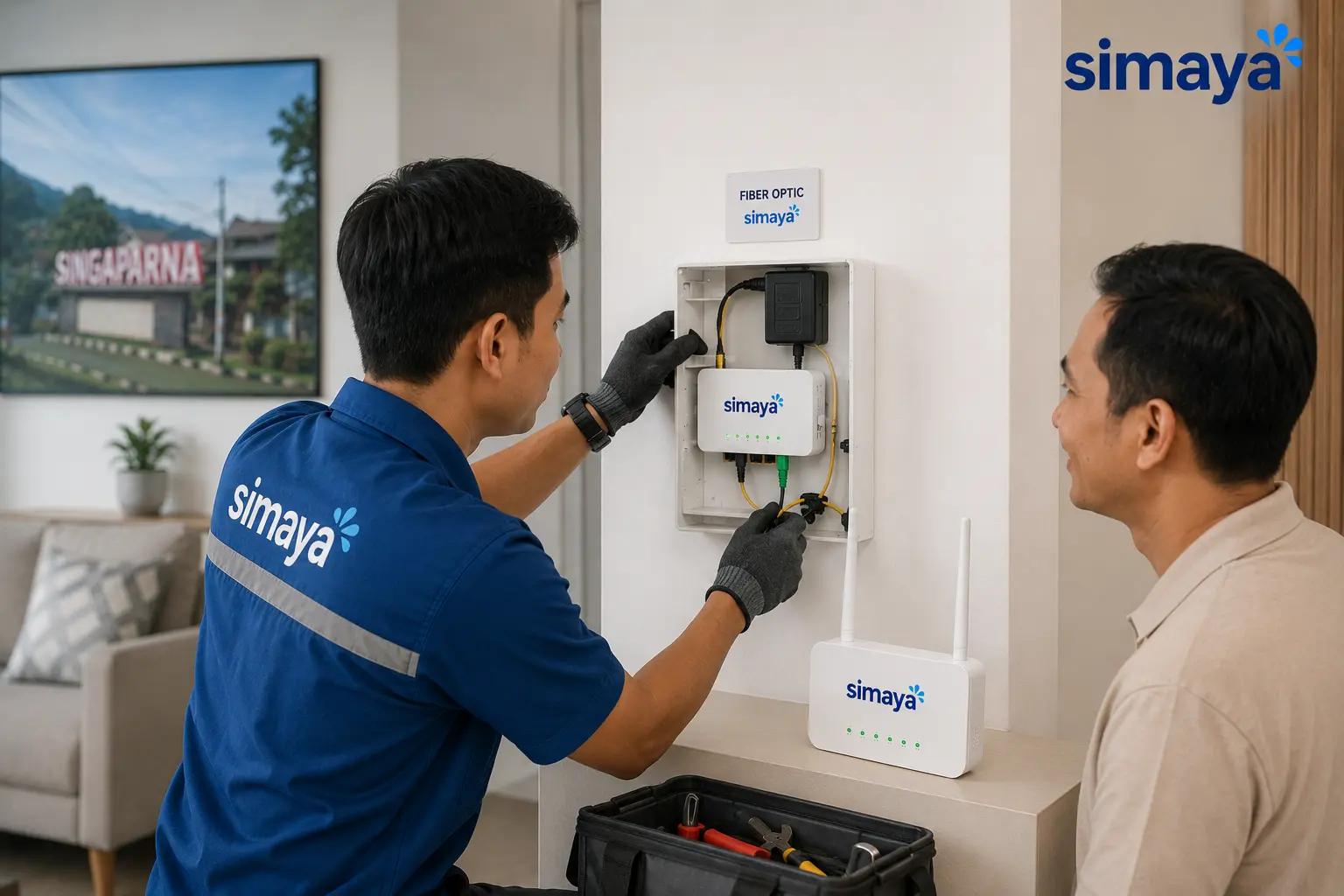 Teknisi Simaya memasang fiber optic di Singaparna