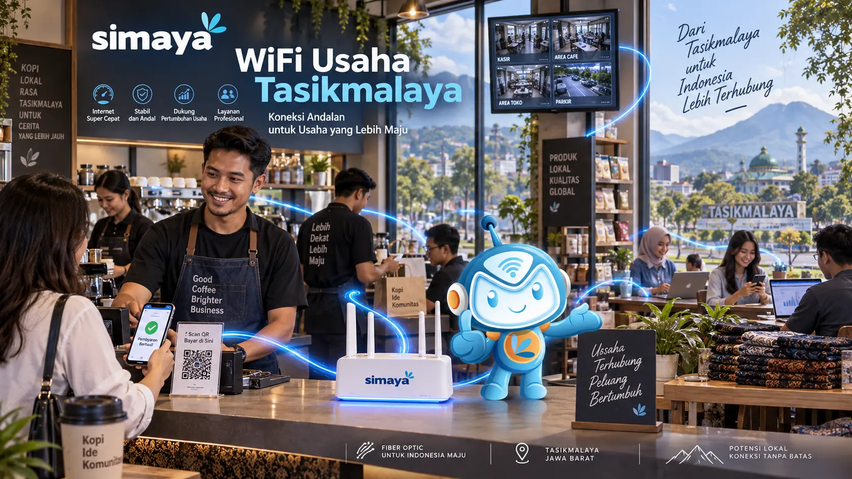 WiFi usaha Tasikmalaya menggunakan jaringan fiber optik Simaya untuk bisnis.