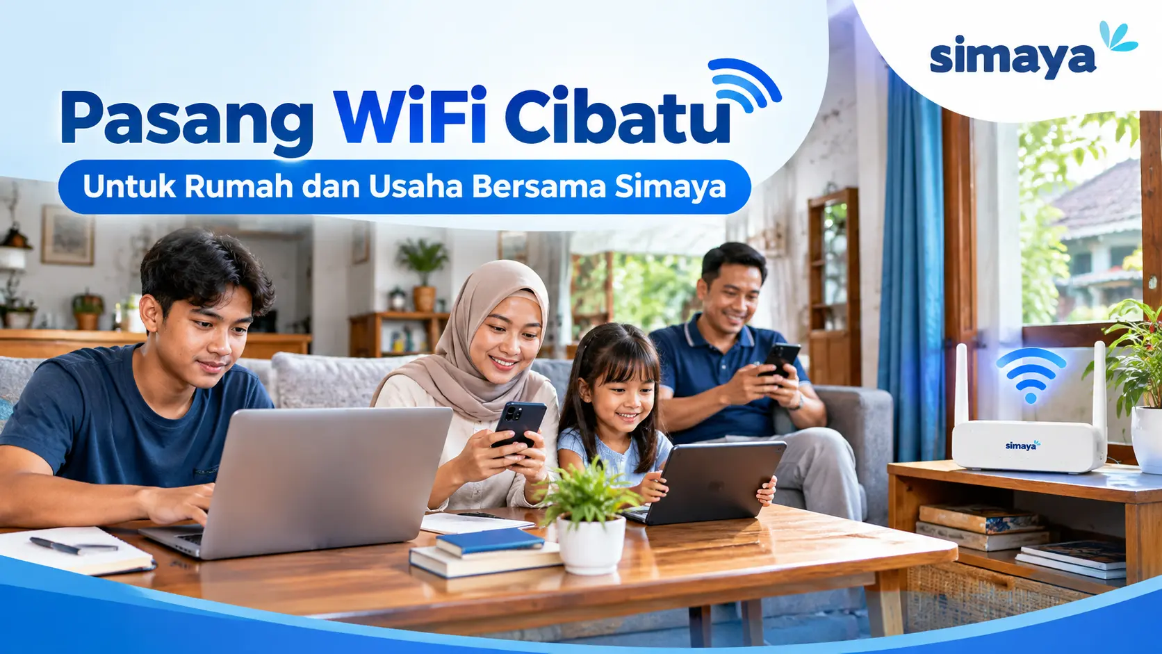 Keluarga menggunakan WiFi di rumah untuk aktivitas internet sehari-hari